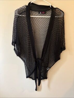 Tie-Front Sheer Open Knit Cardigan - Black